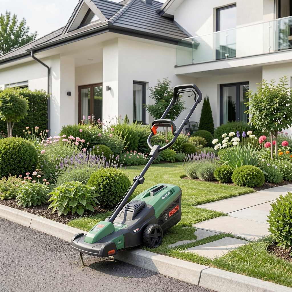 Bosch UniversalGrassCut 18V акумулаторски тример за траву зелено-черне боје у употреби уз ивицу тротоара у кући са уређеном башти