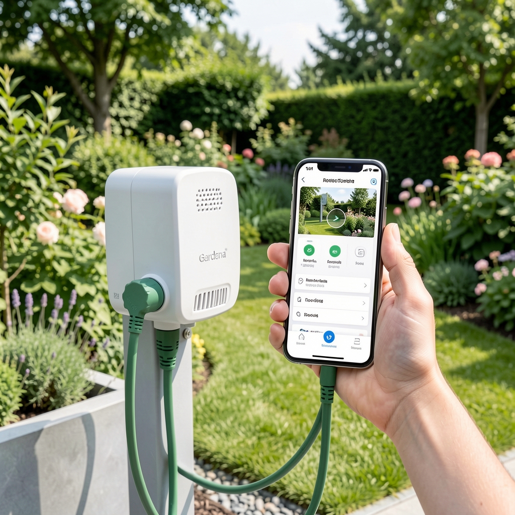 Gardena Smart Water Control бела јединица прикачена на外 водовод у башти са прикљученим цревом